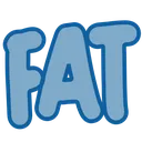 The word FAT written in light blue bubble letters with a dark blue outline.
