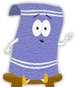 A purple anthropomorphic towel sitting on a stool and pointing to the side with a friendly expression.