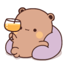 A cute brown bear sitting in a purple chair and holding a glass of yellow wine.