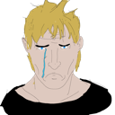 Wojak character with blonde hair and blue eyes shedding a single blue tear down his cheek.