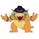 A large orange reptilian monster wearing a purple fedora with a wide, toothy grin.