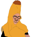 A man wearing a banana costume with a brown tip on his head and glasses.