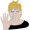 A blonde man with a tear rolling down his cheek holds up his hand in a stop gesture.