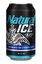 A black and blue aluminum beer can standing upright.