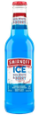 A blue glass bottle with a red cap and a white label stands upright.