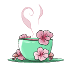 A mint green tea cup decorated with pink flowers and mushrooms, emitting gentle wisps of steam.