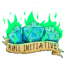 Polyhedral dice set on fire with a banner that reads Roll Initiative.