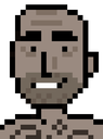 A pixelated man's face with a smug, knowing grin.
