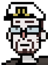 Man wearing a white captain's hat and blue glasses with a serious, stoic expression.