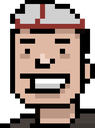 A pixelated man with a wide, lopsided smirk and a red-brimmed cap.
