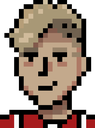 Man with blonde hair and a red shirt wearing a smug, subtle smirk.