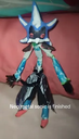 A slender figure with spiky blue hair and a black outfit stands in a neutral pose.