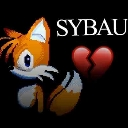 A pixel-art fox head looking sad next to a broken heart symbol with the text SYBAU.