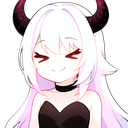 Demon girl with white hair and horns wearing a black dress while giving a smug, closed-eye smirk.