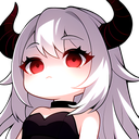 Demon girl with white hair, red eyes, and horns looking with a serious and slightly angry expression.