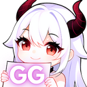 Anime demon girl with white hair and red horns holding a sign that says GG.