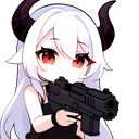 A chibi anime girl with white hair and red eyes holding a black handgun.