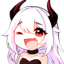 A white-haired demon girl with horns winking and laughing with a wide, happy expression.