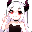 A cute demon girl with white hair and red eyes making a peace sign gesture.