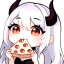 A cute anime demon girl with white hair and black horns eating a slice of pepperoni pizza.