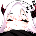 A white-haired demon girl with small horns sleeping peacefully under a black blanket.