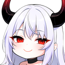 Anime girl with white hair and devil horns giving a smug, mischievous smile with glowing red eyes.