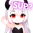 A white-haired demon girl with horns waving her hand with the text SUP? floating above her head.