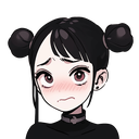 Anime girl with black hair in buns looking flustered with a bright pink blush on her cheeks.