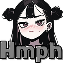Anime girl with black hair pouting with a flushed face and the word Hmph written below.