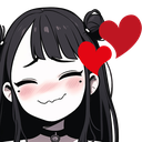 Anime girl with black hair and a smug, blushing expression surrounded by floating red hearts.