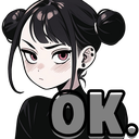 Anime girl with a bored expression and pink eyes looking directly at the viewer with the text OK written in bold gray letter…