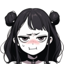 Anime girl with black hair and buns making a blushing pouty face.