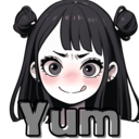 Anime girl with black hair and buns sticking her tongue out with a mischievous grin and the word Yum below.