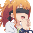 Anime girl with orange hair wearing a black blindfold over her eyes.