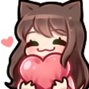 Anime girl with cat ears smiling while holding a large pink heart against her chest.