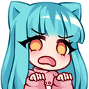 Anime girl with blue hair and cat ears looking disgusted with wide yellow eyes and a shocked mouth.