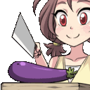 An anime girl with brown hair and red eyes holding a kitchen cleaver over an eggplant on a cutting board.