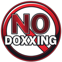 A circular red and black warning sign with the white text NO DOXXING inside.