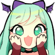 Anime girl with mint green hair and small purple bat wings holding her hands to her cheeks with a wide, happy smile.