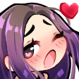 Anime girl with purple hair and a flushed face looking overwhelmed with a heart icon.