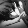 Anime boy with glasses resting his head on a desk while holding a pen with a tired expression.