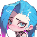 Jinx with blue hair looking sad and disappointed in a chibi art style.