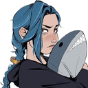 Jinx with blue hair looking suspicious while holding a gray shark plushie.