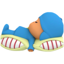 Pocoyo sleeping peacefully while resting his head on a yellow and red striped pillow.