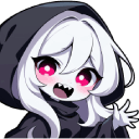 A cute anime-style reaper with white hair and pink eyes waving hello with a toothy grin.