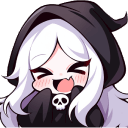 A chibi reaper with white hair and a black hood laughing with a toothy grin and a small skull pendant.