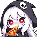 A cute white-haired reaper character wearing a skull hood eating a slice of pepperoni pizza.