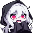 A chibi grim reaper with white hair and a black hood looking terrified with wide pink eyes.