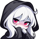 A chibi reaper girl with white hair and red eyes pulling her black hood up to hide her blushing face.