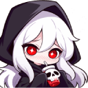 A cute anime-style reaper with white hair and red eyes sipping from a skull-shaped cup.